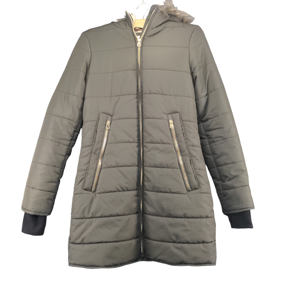 Maralyn & Me Women's Puffer Jacket Green XS Long Sleeve Faux Fur Hooded Full Zip